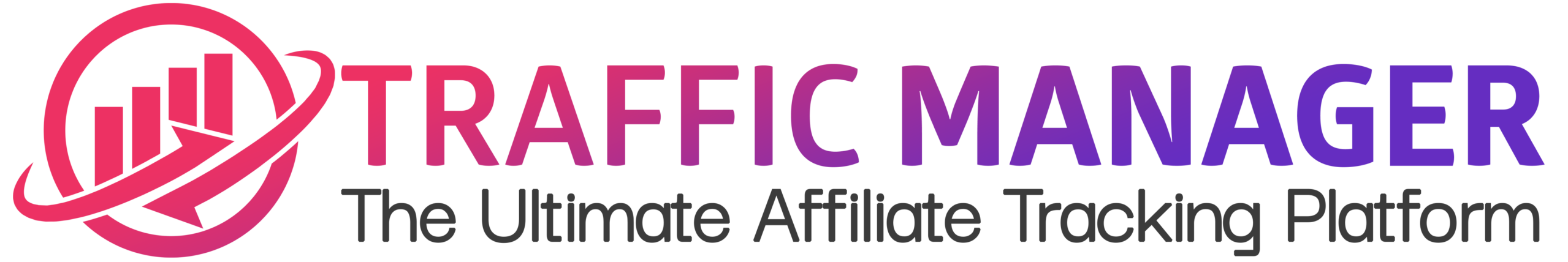 Traffic Manager logo with a pink-to-purple gradient wordmark and a circular swoosh around a bar chart, plus the tagline 'The Ultimate Affiliate Tracking Platform'